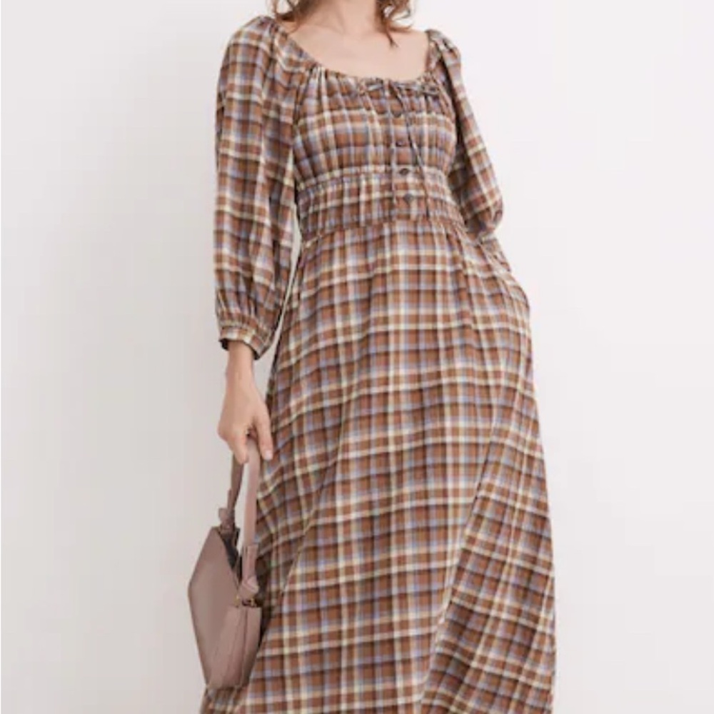 Madewell Long Sleeve Plaid Dress in Brown and Cream
